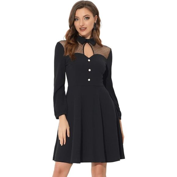 Gothic Mesh Panel Keyhole Collar Long Sleeve Mini Little Black Dress SIZE L NWT - Picture 1 of 14